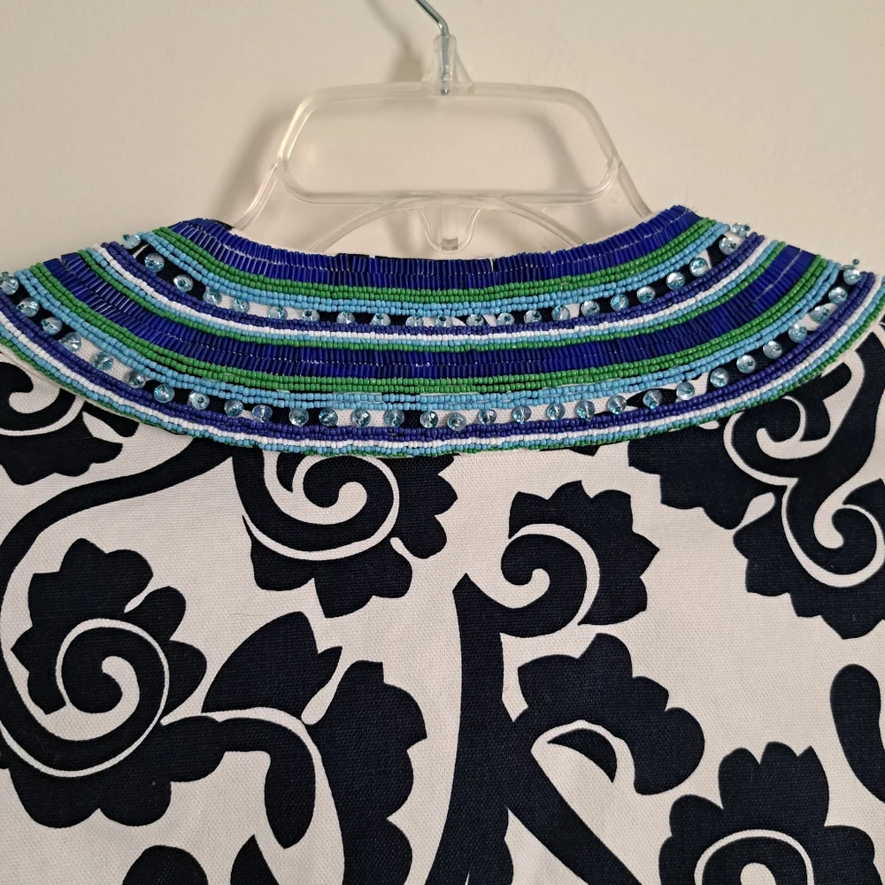 Tory‎ Burch Beaded Collar Floral Print Jacket Navy White Blue Green Women Size 6